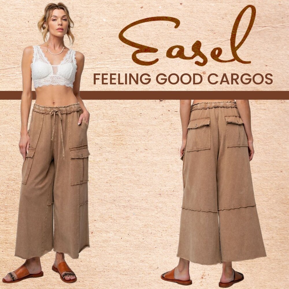 EASEL “Feeling Good Cargos” Mineral Washed Flared Leg, Raw Seams & Hems, Pockets
